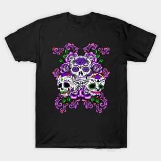 Triple Skull Purple Floral Day Of The Dead Sugar Skulls T-Shirt